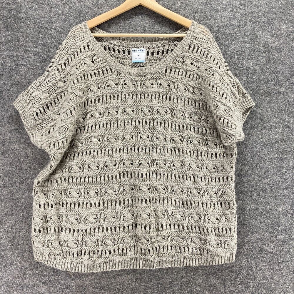 Old Navy Sweater Pullover Women 1X Plus Gray Knit Wool Short Sleeve Round Neck